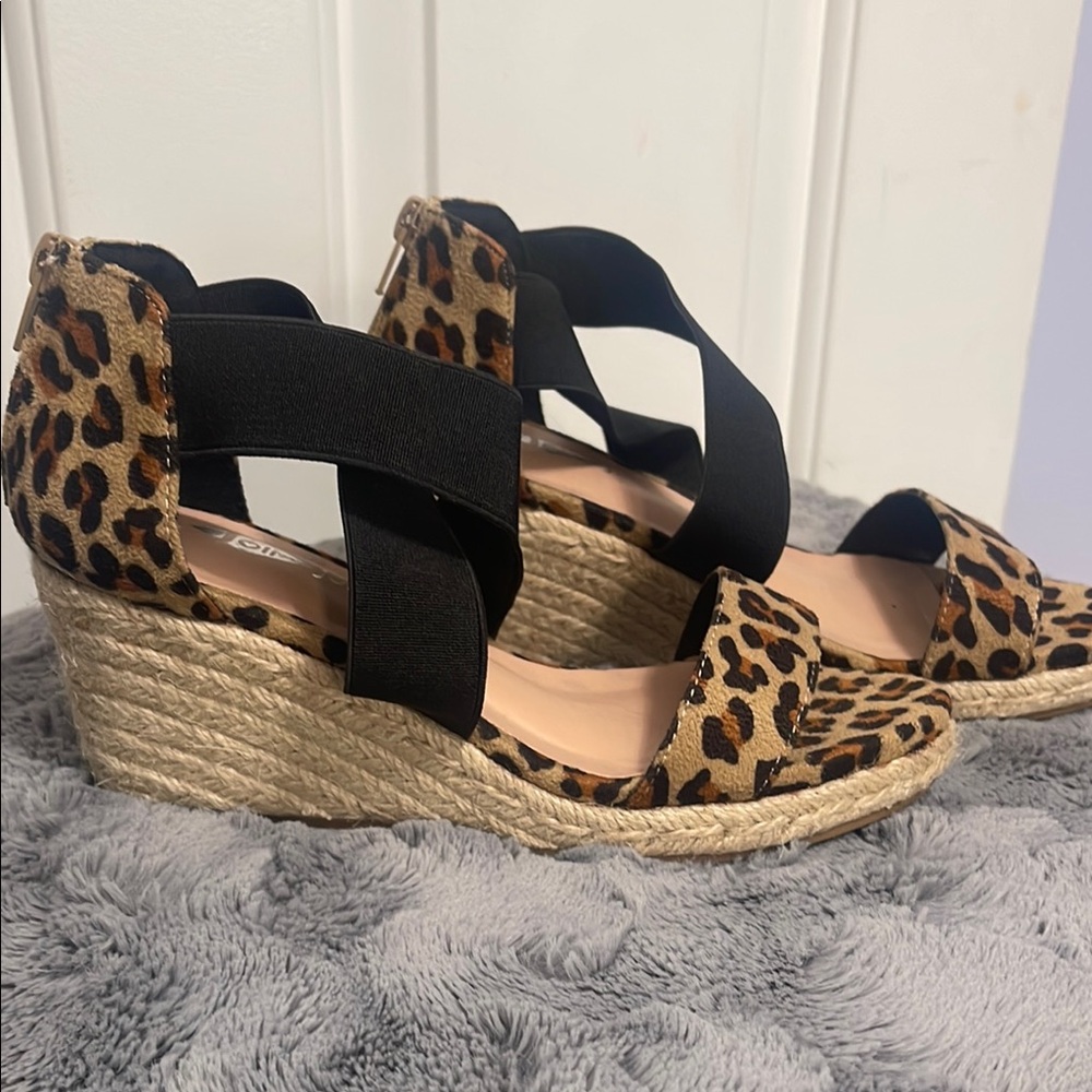 Brown and Black Wedge Sandals with Leopard Print